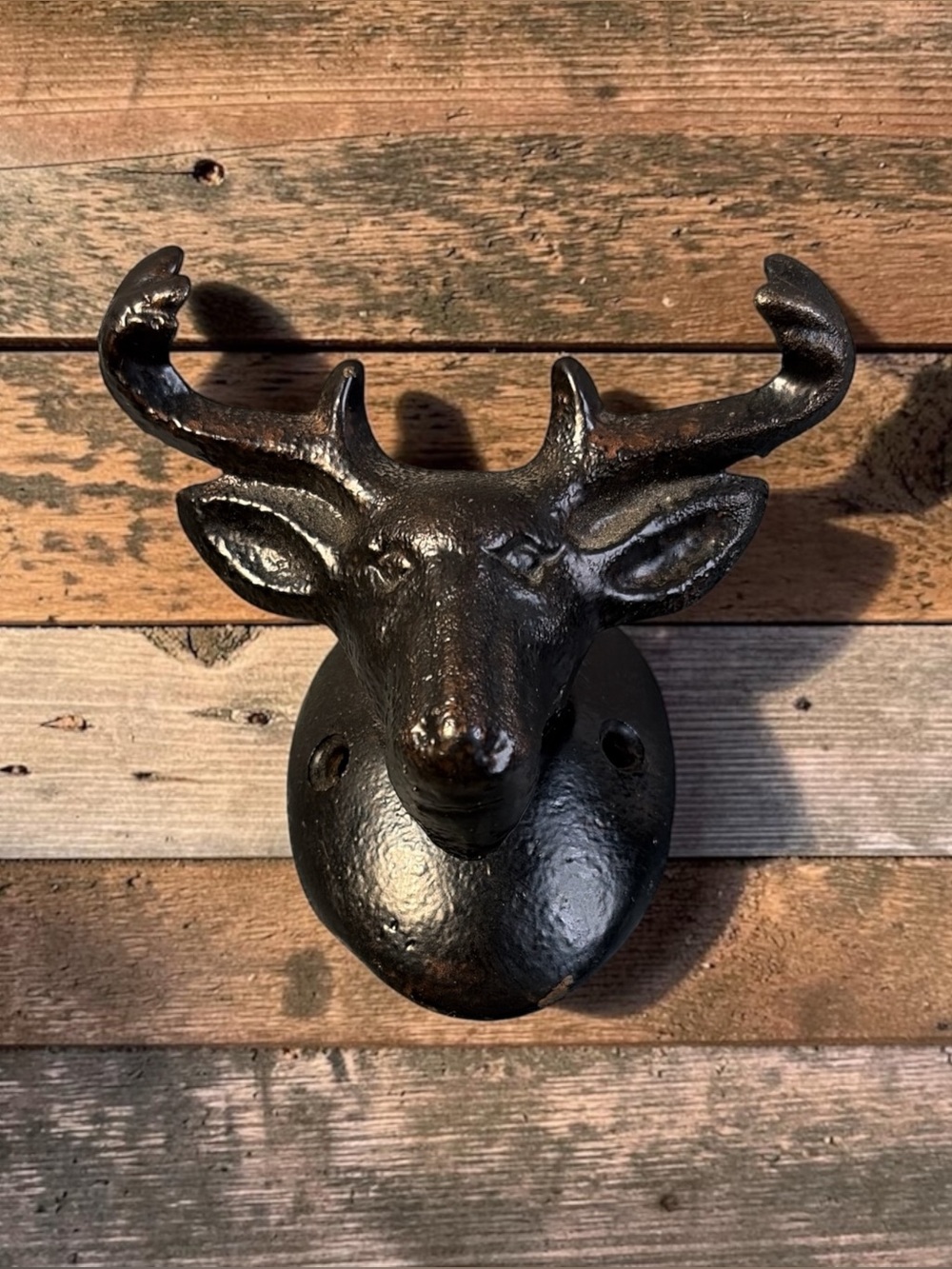 RUSTIC CAST IRON DEER HEAD WALL HOOK – BRONZE-TONE ANTLER COAT HANGER – CABIN
